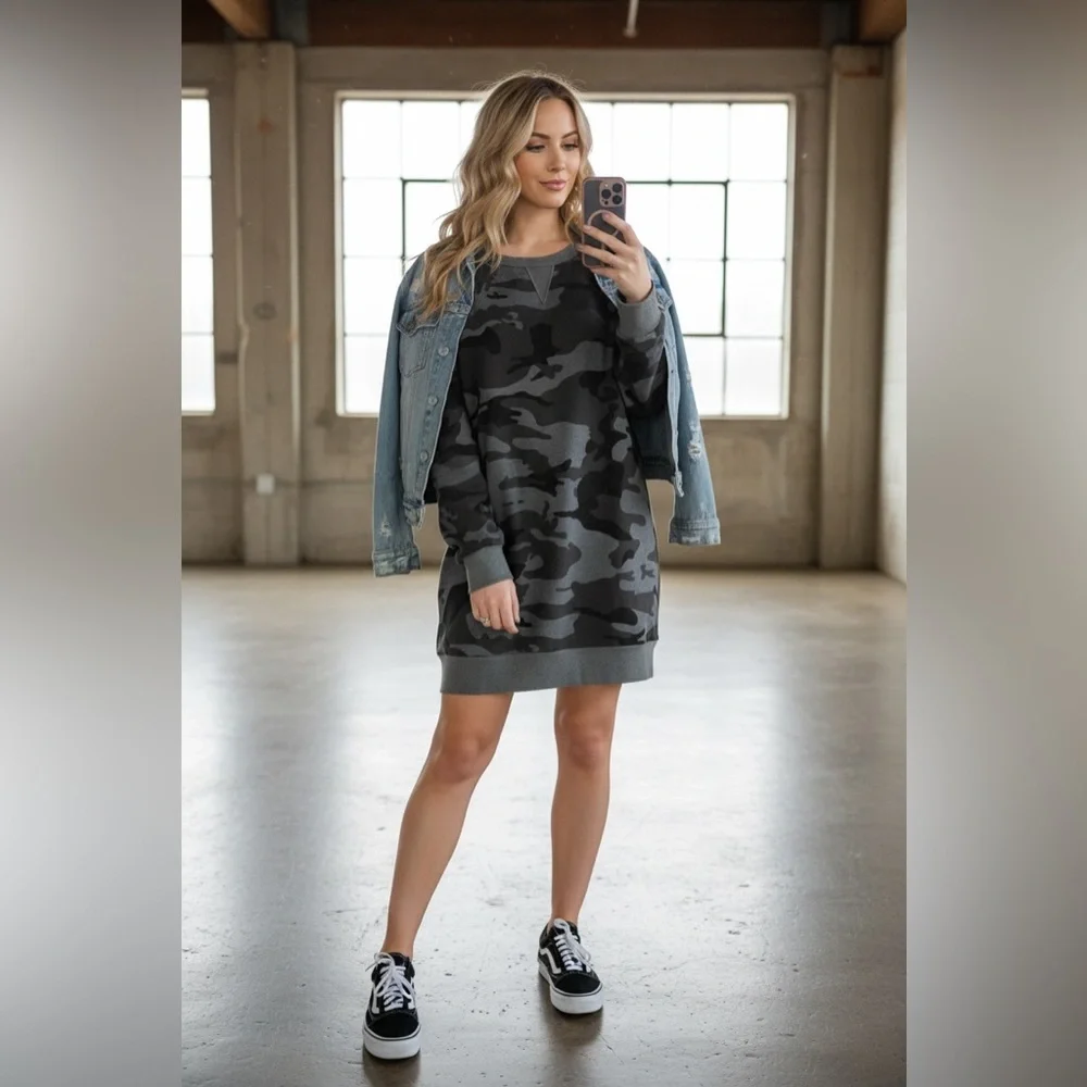 NWT UMGEE Camo Camouflage Sweatshirt Dress Charcoal Grey - Picture 5 of 5